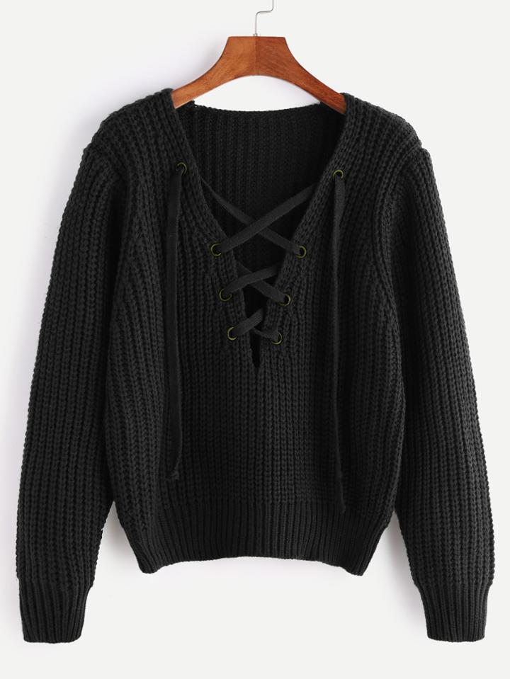 Shein Black V Neck Lace Up Chunky Knit Sweater