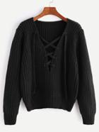 Shein Black V Neck Lace Up Chunky Knit Sweater