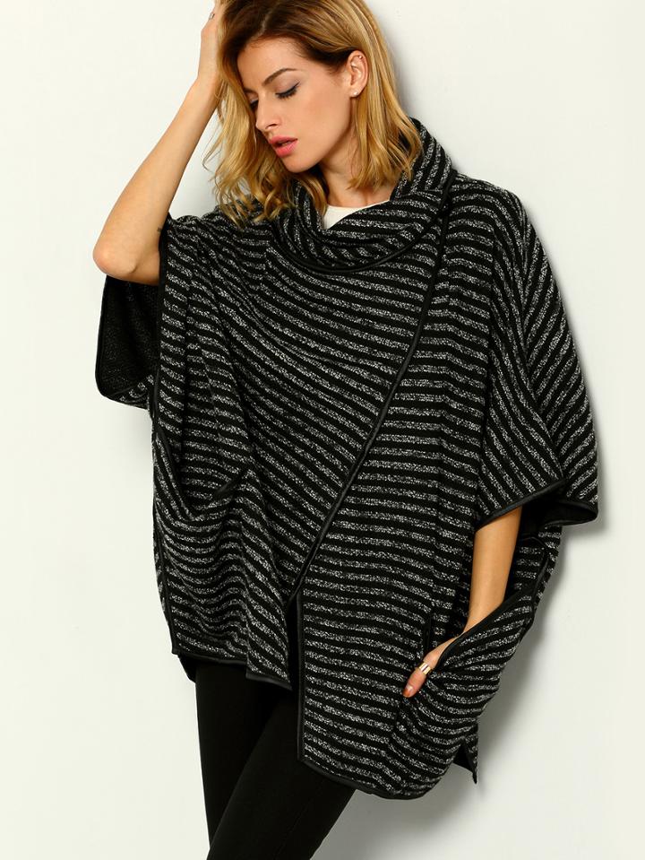 Shein Black High Neck Striped Loose Cape