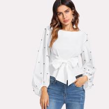 Shein Pearl Beaded Bishop Sleeve Belted Top