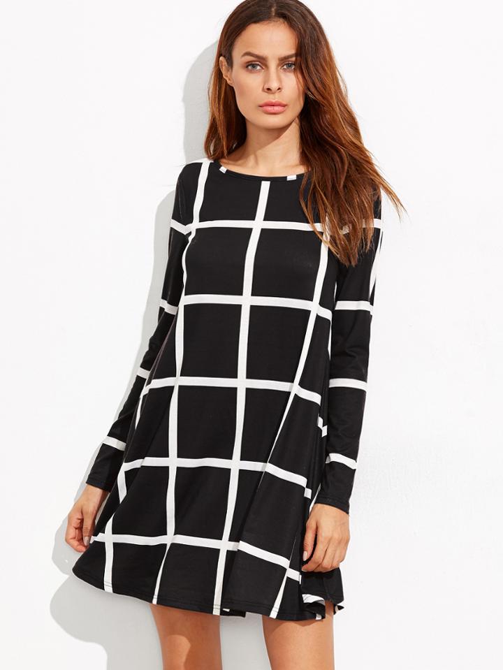 Shein Black Grid Long Sleeve Swing Dress