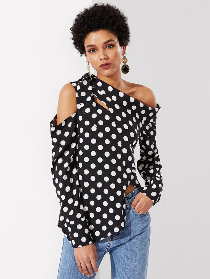 Shein Tie Shoulder Asymmetric Polka Dot Top