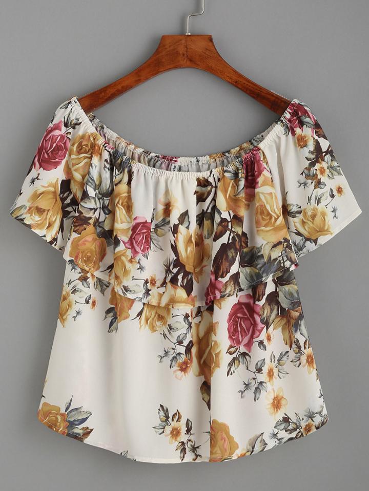 Shein Flower Print Flouce Layered Neckline Top