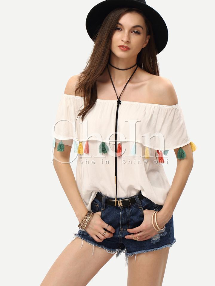 Shein Cream Off The Shoulder Tassel Blouse