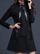 Shein Black Long Sleeve Contrast Pu Leather Pockets Dress