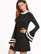 Shein Black Contrast Neck Striped Bell Sleeve Ribbed Dress