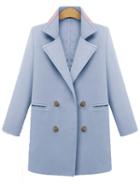 Shein Blue Lapel Double Breasted Pockets Straight Coat