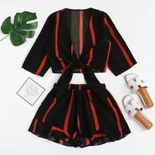 Shein Knot Hem Striped Crop Top And Ruffle Shorts Set