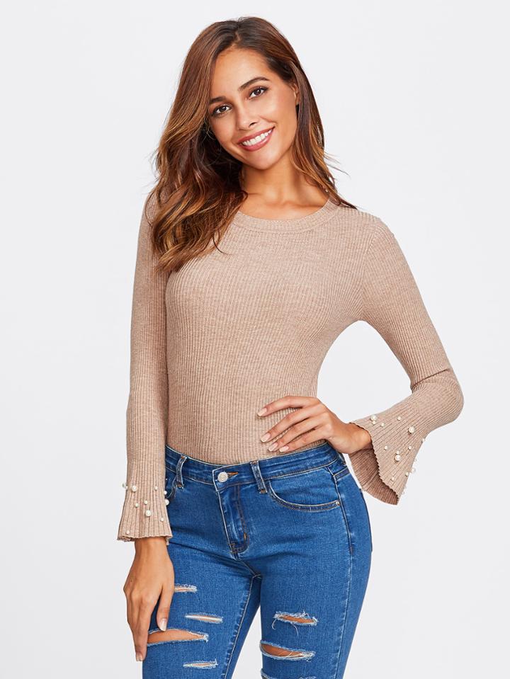 Shein Pearl Beaded Sleeve Ribbed Sweater