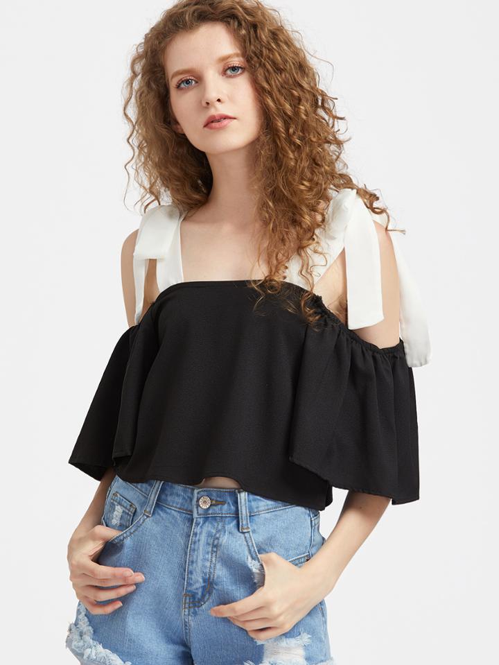 Shein Contrast Cold Shoulder Bow Tie Top