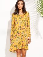 Shein Yellow Floral Print Long Sleeve Shift Dress