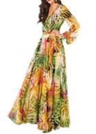 Rosewe Exotic Lantern Sleeve V Neck Chiffon Maxi Dress