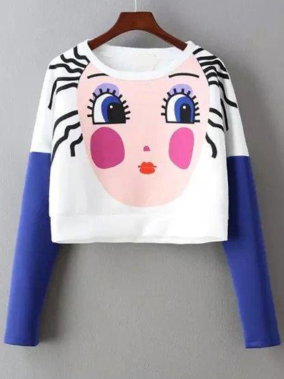 Shein Multicolor Round Neck Beauty Print Crop Sweatshirt