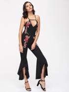 Shein Plunge Embroidered Appliques Open Back Flare Jumpsuit