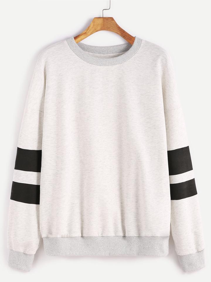 Shein Heather Grey Drop Shoulder Striped Sleeve Sweatshirt