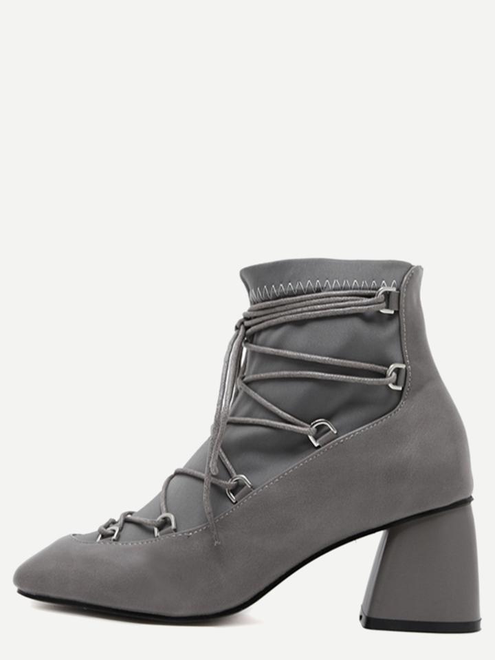 Shein Grey Faux Leather Square Toe Ghillie Ankle Boots