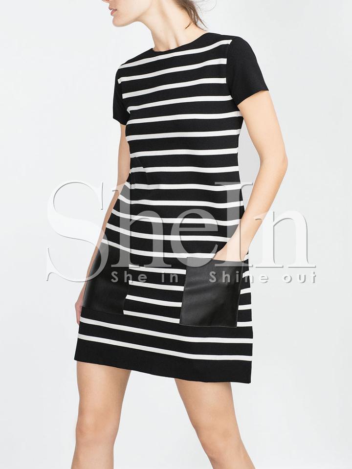 Shein Black White Short Sleeve Striped Pockets Dress