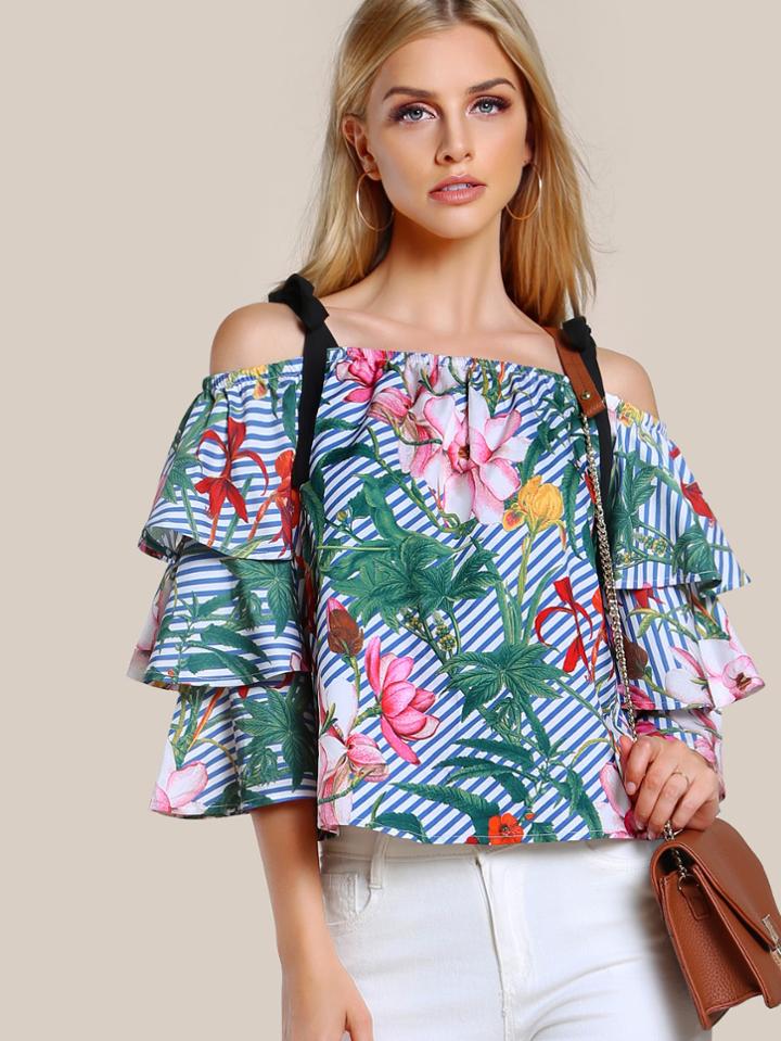 Shein Contrast Self Tie Shoulder Tiered Sleeve Top