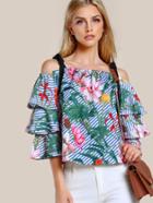 Shein Contrast Self Tie Shoulder Tiered Sleeve Top