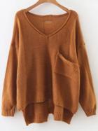 Shein Khaki V Neck Ripped High Low Knitwear With Pocket