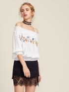 Shein Flower Embroidered Smocked Bardot Top
