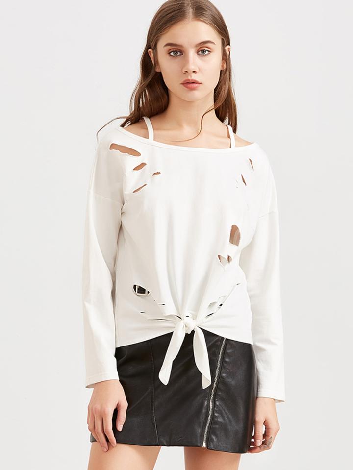 Shein White Cold Shoulder Knot Front Distressed Sweatshirt