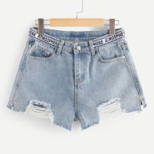 Shein Raw Hem Ripped Ribbon Waist Denim Shorts