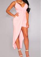 Rosewe Pink Spaghetti Strap Twisted High Low Dress