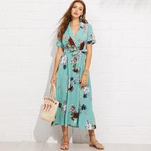 Shein Notch Collar Wrap Front Belted Botanical Dress
