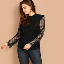 Shein Plus Mock-neck Eyelash Lace Panel Ruffle Top