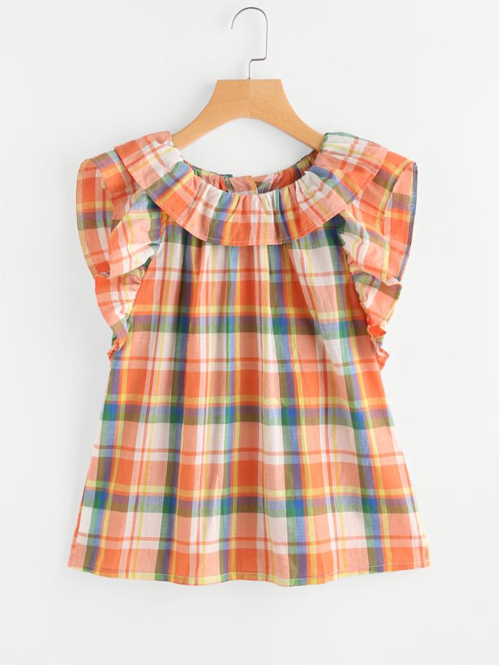 Shein Madras Plaid Frill Trim Blouse