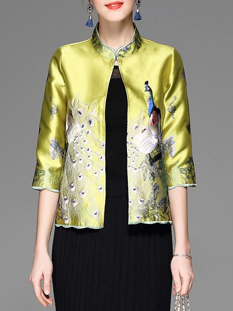 Shein Green Peacock Embroidered Coat