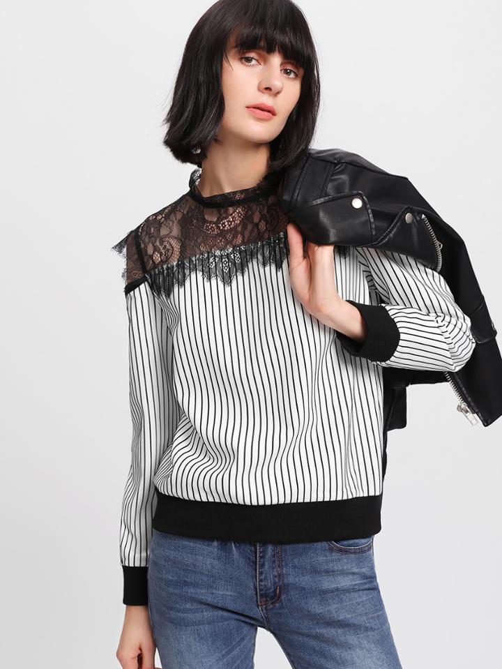 Shein Lace Yoke Open Shoulder Striped Sweatshirt