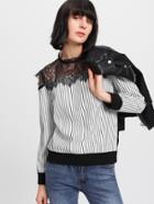 Shein Lace Yoke Open Shoulder Striped Sweatshirt
