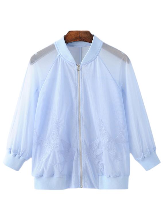 Shein Azure Zipper Front Embroidery See-through Sunscreen Outerwear