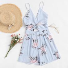 Shein Floral Print Twist Knot Back Cami Romper
