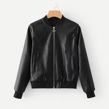 Shein Faux Leather Ribbed Trim Jacket
