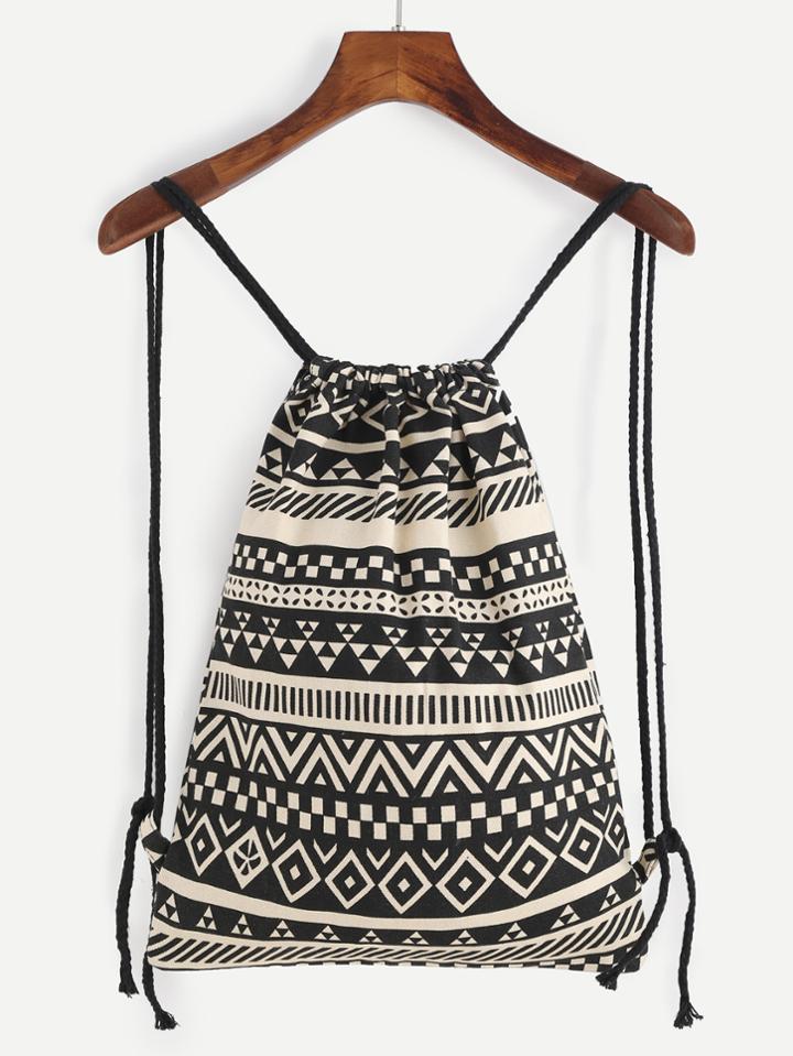 Shein Black And Beige Canvas Geometric Bucket Backpack With Rope Strap