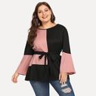 Shein Plus Color-block Tie Waist Blouse