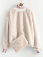 Shein Striped Trim Faux Fur Sweatshirt With Bag