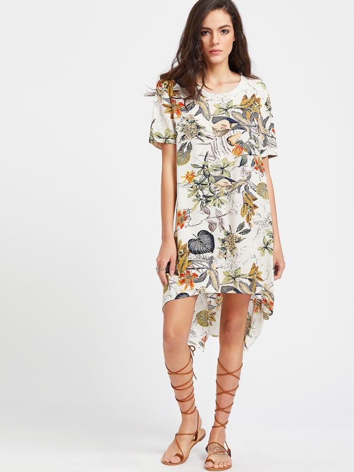 Shein Tropical Print Dip Hem Tunic Dress