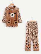 Shein Bear Embroidered Top And Pants Pajama Set