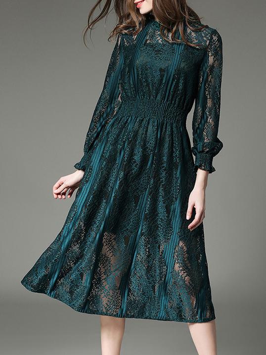 Shein Green Elastic-waist Sheer Lace Dress
