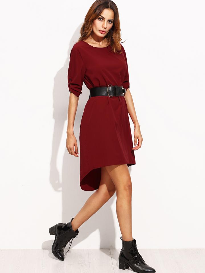 Shein Rolled Up Sleeve Dip Hem Dress With Belt