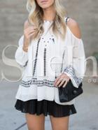 Shein White Cold Shoulder Tribal Embroidered Blouse