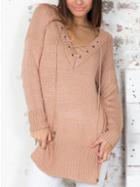 Shein Pink Lace Up Embellished V Neck Split Sweater