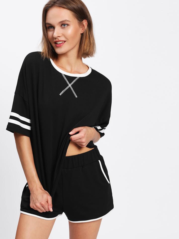 Shein Varsity Striped Tee & Contrast Binding Shorts Set