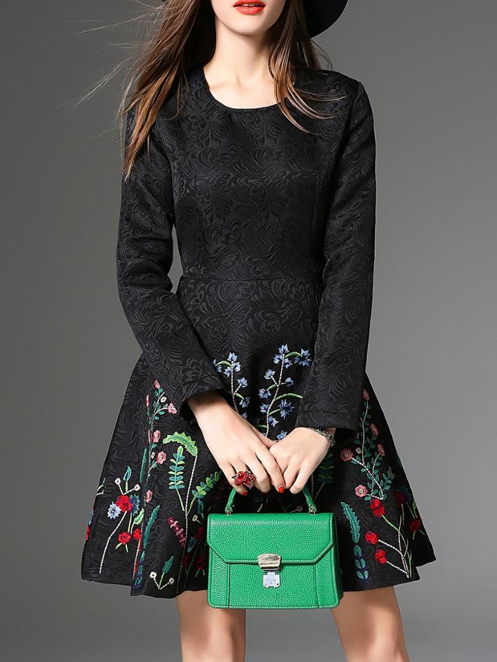 Shein Black Flowers Embroidered Jacquard A-line Dress