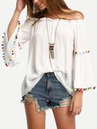 Shein Off The Shoulder Colored Pompom Trim Blouse