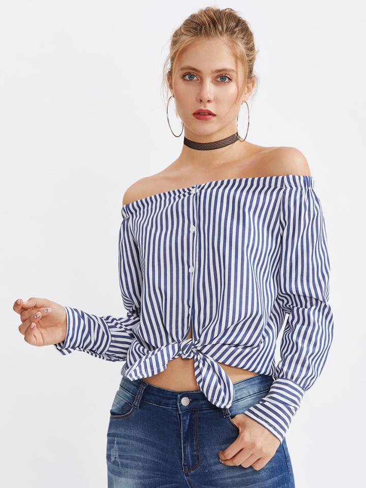 Shein Bardot Contrast Striped Curved Hem Top